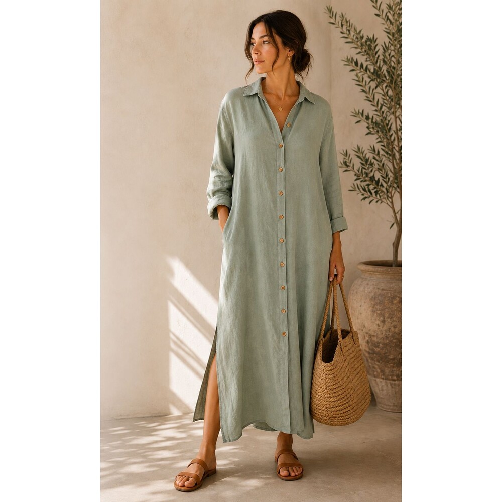 Zara Linen Maxi Shirt Dress Sage Green Button Front Pockets Minimalist Coastal L